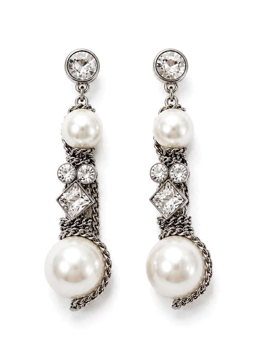 Givenchy Pearl & Crystal Drop Earrings Silver Tone Statement Dangle